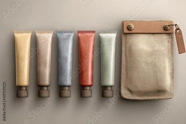 Fototapeta Artistic mockup of colorful paint tubes and stylish pouch on neutral background creative product display modern aesthetic
