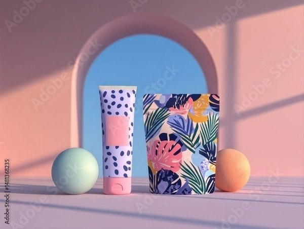 Fototapeta Mockup design displaying tropical patterns studio product mockup bright environment angled view