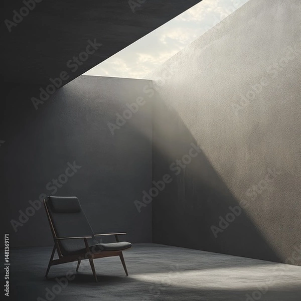 Obraz Empty concrete space with chair. Sunlight streams in