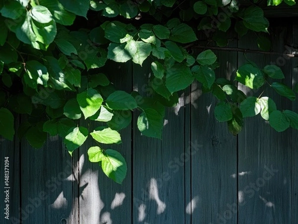 Obraz Green leaves on weathered wooden fence