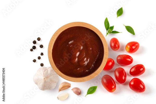 Fototapeta Wooden bowl of ketchup or tomato sauce with spicy and herb isolated on white background. Top view
