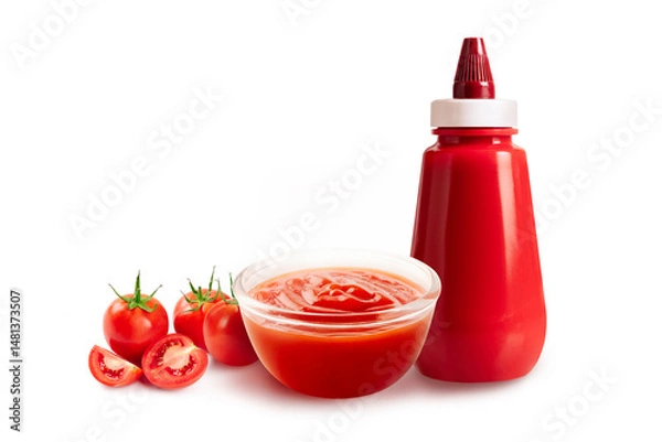 Fototapeta Glass bowl of ketchup or tomatoes sauce with fresh tomato isolated on white background.