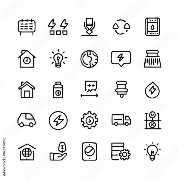 Fototapeta Energy saving and efficiency editable stroke outline icons set isolated on white background flat vector illustration. Alternative energy sources vector linear icons set. Ecology renewable energy .