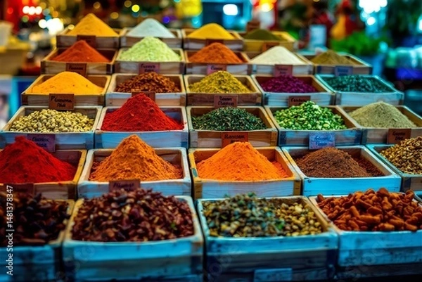 Fototapeta Colorful Spice Market Display: Vibrant Assortment of Culinary Spices in Wooden Bins, Food Photography, Spice Bazaar, Exotic Flavors