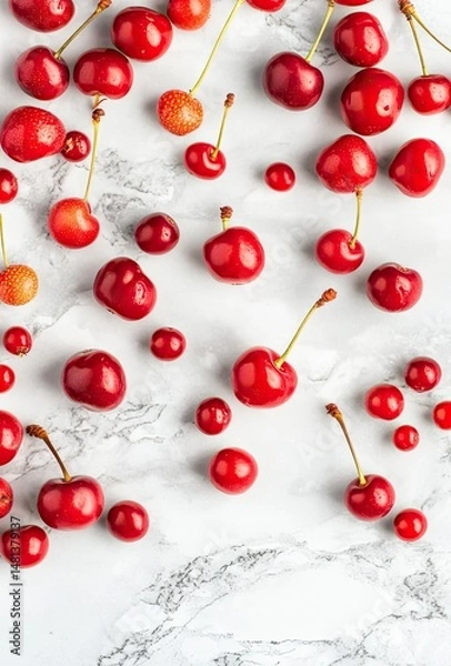 Obraz Fresh red cherries scattered on white marble