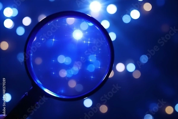 Fototapeta Magnifying Glass Focusing on Sparkling Blue Bokeh Lights: Abstract Photography, Mystery, Investigation, and Clarity Concept