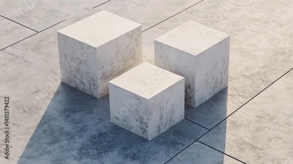 Obraz Three light gray cube podiums on a textured surface