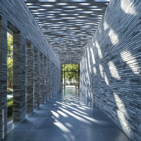 Obraz Modern, minimalist walkway through a landscaped courtyard.  Sunlight filters through a slatted roof, casting shadows on the stone walls