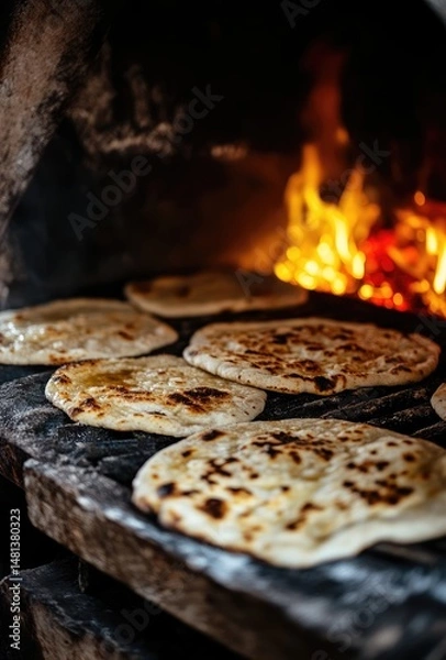 Fototapeta Flatbreads baking in a wood-fired oven