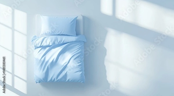 Obraz Light blue bedding on white floor. Sunlight casts shadows