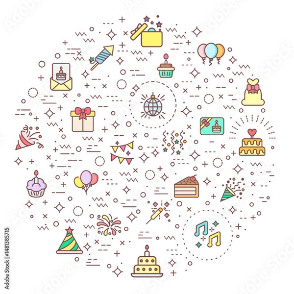 Fototapeta Simple Set of Birthday And party Related Vector Line Illustration. Contains such Icons as celebration, event, cake, Firecracker, invitation, letter, gift, festival, mirror ball And Other Elements.