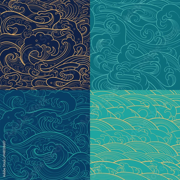 Fototapeta marine set: color outline seamless patterns
