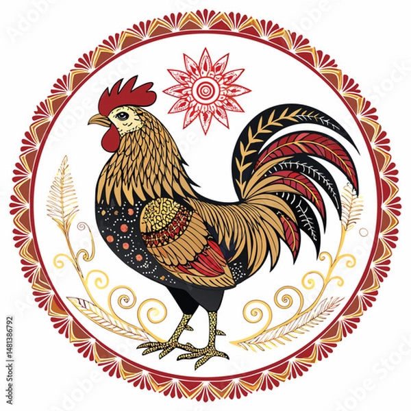 Fototapeta A majestic rooster, rendered in vibrant batik patterns, proudly stands within a traditional Malaysian 'rumah kampung' setting.