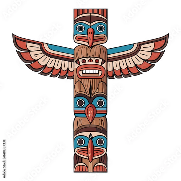 Fototapeta Design a vertical rectangular totem pole featuring two stylized twin lizards, incorporating intricate carvings and vibrant indigenous-inspired colors.