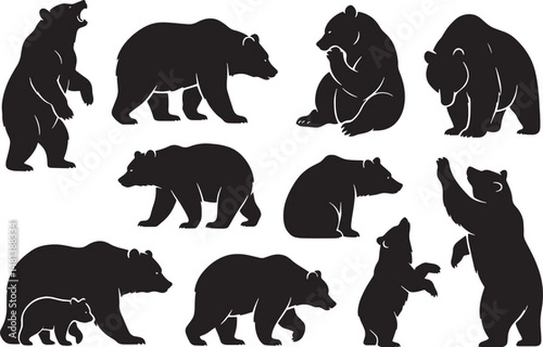 Fototapeta Bear Silhouette Vector Set. Wild Animals in Various Poses.