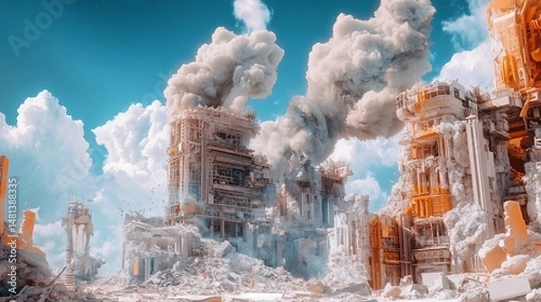 Fototapeta Post-Apocalyptic Urban Landscape: Ruined Buildings and Ethereal Sky