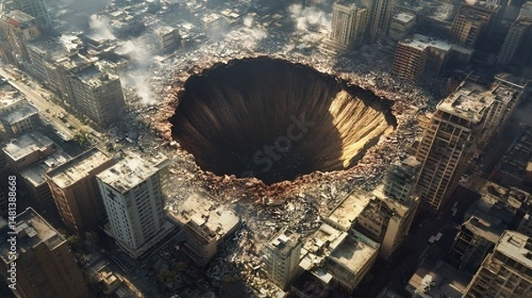 Fototapeta Apocalyptic Urban Sinkhole Devouring Buildings, Cityscape Disaster Scene