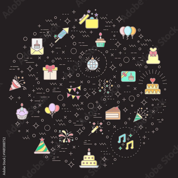 Fototapeta Simple Set of Birthday And party Related Vector Line Illustration. Contains such Icons as celebration, event, cake, Firecracker, invitation, letter, gift, festival, mirror ball And Other Elements.