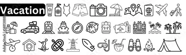 Fototapeta Vacation Line Editable Icons Set. Vector illustration in modern thin line style of travel-related icons: tourism, trip planning, beach holidays, and more. Isolated on transparent background