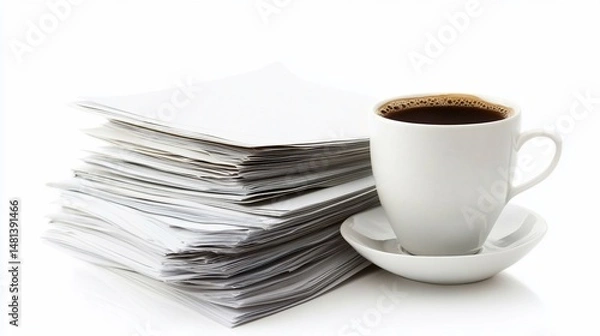 Fototapeta Morning Coffee and a Stack of Documents