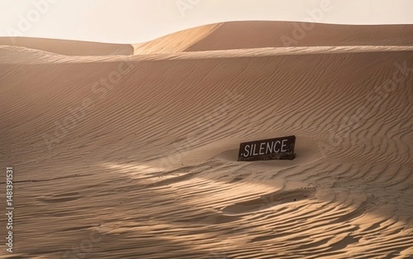 Fototapeta Sign reading 'Silence' in a tranquil desert setting.