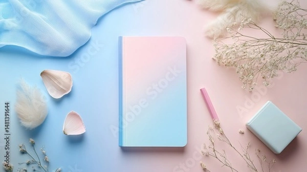 Fototapeta Pastel Dreams: Aesthetic Flat Lay with Book, Flowers, and Delicate Fabrics
