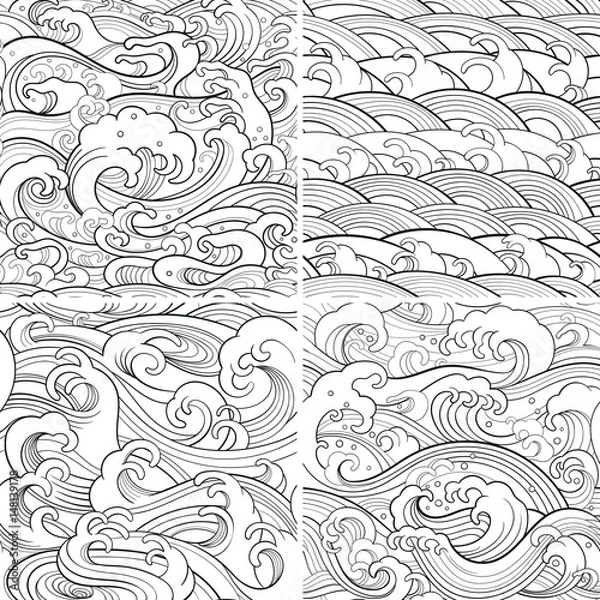 Fototapeta marine set: outline seamless patterns