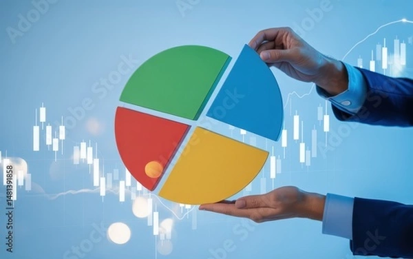 Fototapeta Hands holding colorful pie chart on financial background.