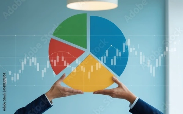 Fototapeta Hands holding colorful pie chart, financial graph overlay.