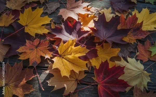 Fototapeta Colorful autumn leaves on a wooden surface.
