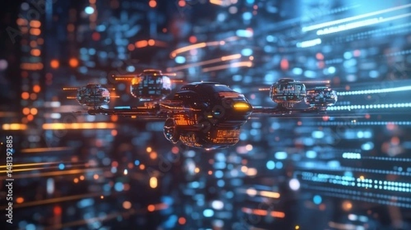 Fototapeta Futuristic Drone in a Digital Cityscape with Glowing Light Trails