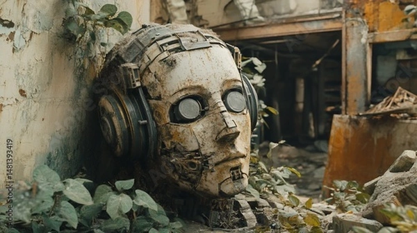 Fototapeta Robot Head Amongst Ruins: A Post-Apocalyptic Scene of Technology Decay