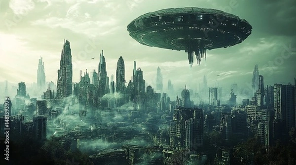 Fototapeta Futuristic city under siege by extraterrestrial spacecraft invasion