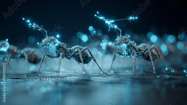 Obraz Glowing mechanical ants walking in unison, visualizing swarm intelligence and distributed AI coordination