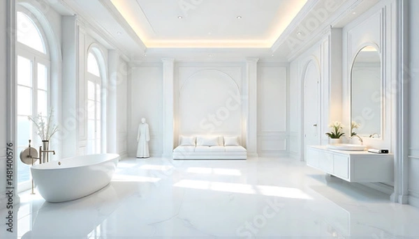 Fototapeta "A luxurious and beautifully designed all-white room with shining white marble flooring, elegant reflective surfaces, and intricate glasswork details. The entire background and room should be complete