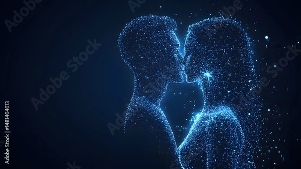 Fototapeta Futuristic love concept featuring abstract wireframe figures embracing. A digital portrayal of intimacy and connection in bright blue against a dark backdrop. Abstract wireframe in dark blue