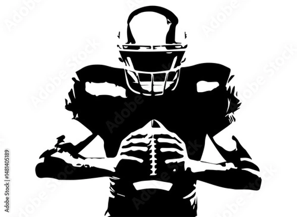 Fototapeta Silhouette of a american football player holding ball isolated on a white background