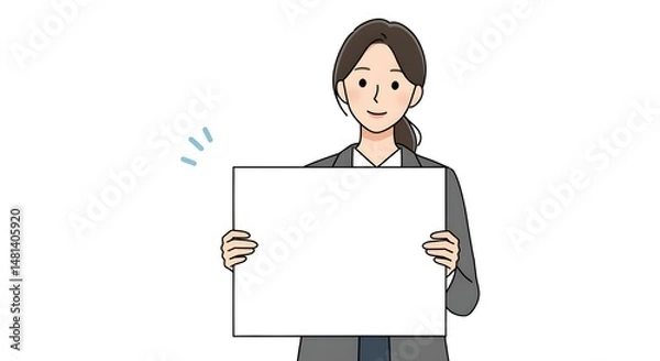 Fototapeta Business Woman Holding Blank Signboard with Both Hands, 
Holding Blank Poster Board and an empty sheet of paper with a white background, announcements and notices