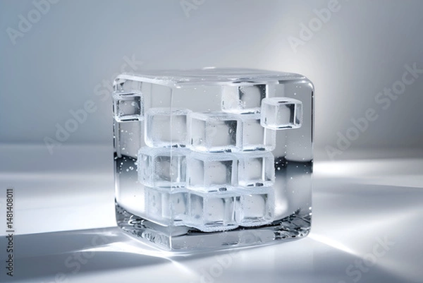 Fototapeta  Crystal ice cube sculpture with glowing light reflection on white background surface ice cubes
