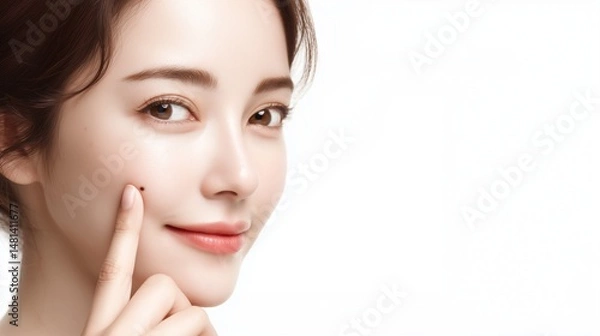 Obraz ほくろを指さす女性の顔のアップ