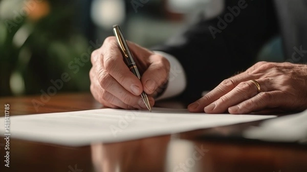 Obraz 契約書などの書類にサインをする高齢男性の手元