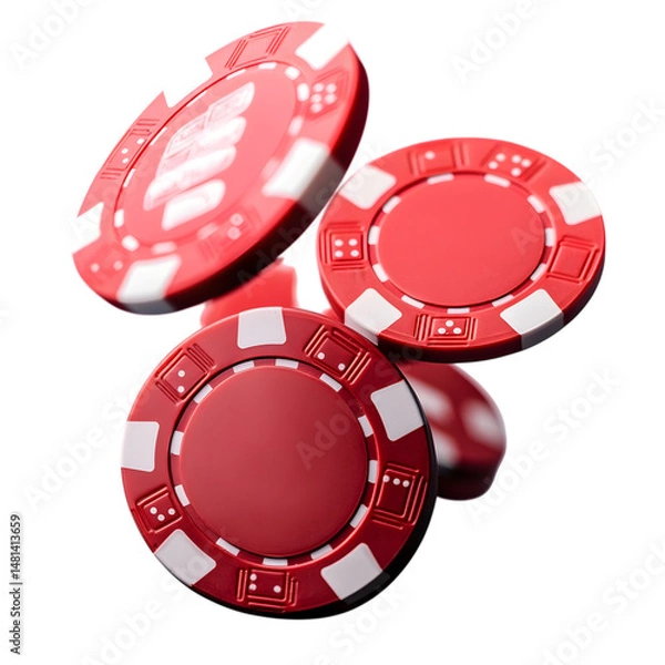 Obraz Red casino chips falling on white background. Ai Generated Images