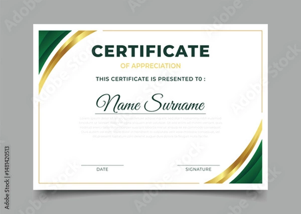 Obraz elegant green and gold business certificate template premium curve design