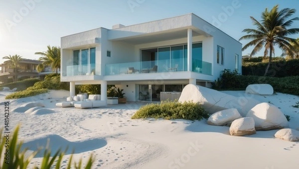 Fototapeta Beautiful beachfront modern suburban home with white sandy beach and stunning ocean views surrounded by tropical palm trees and clear blue skies for relaxed coastal living