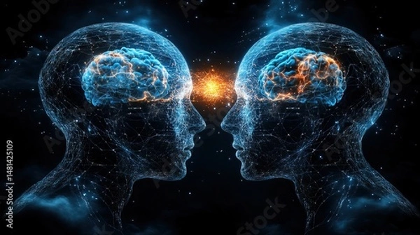 Obraz A cybernetic human merging consciousness with an artificial intelligence network 