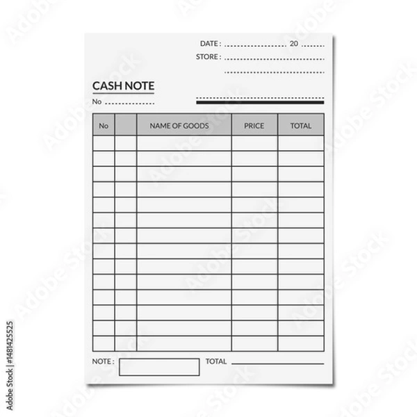 Obraz Blank Cash Note Vector Template - Printable Business Receipt Layout for Goods and Price on transparent background 1