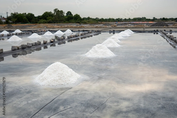Fototapeta Salt piles grow in shallow pools as seawater evaporates under sun near village. Crystalline salt mounds form in rustic production ponds, mineral deposits from terraced seawater reservoirs, mining