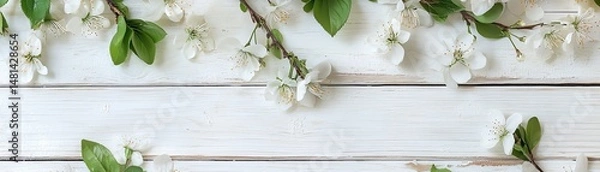 Fototapeta White blossoms and green leaves arranged on a rustic white wooden background overhead shot with soft natural light highlighting the fresh and elegant composition