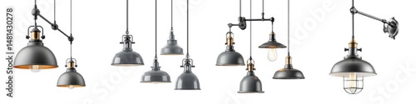 Fototapeta Stylish, modern pendant lighting featuring various designs in matte black and brass, ideal for enhancing contemporary spaces with a touch of elegance and functionality