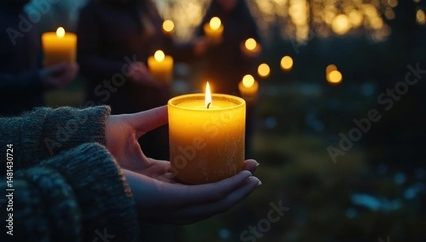Fototapeta Hands holding candle, circle of light in the forest